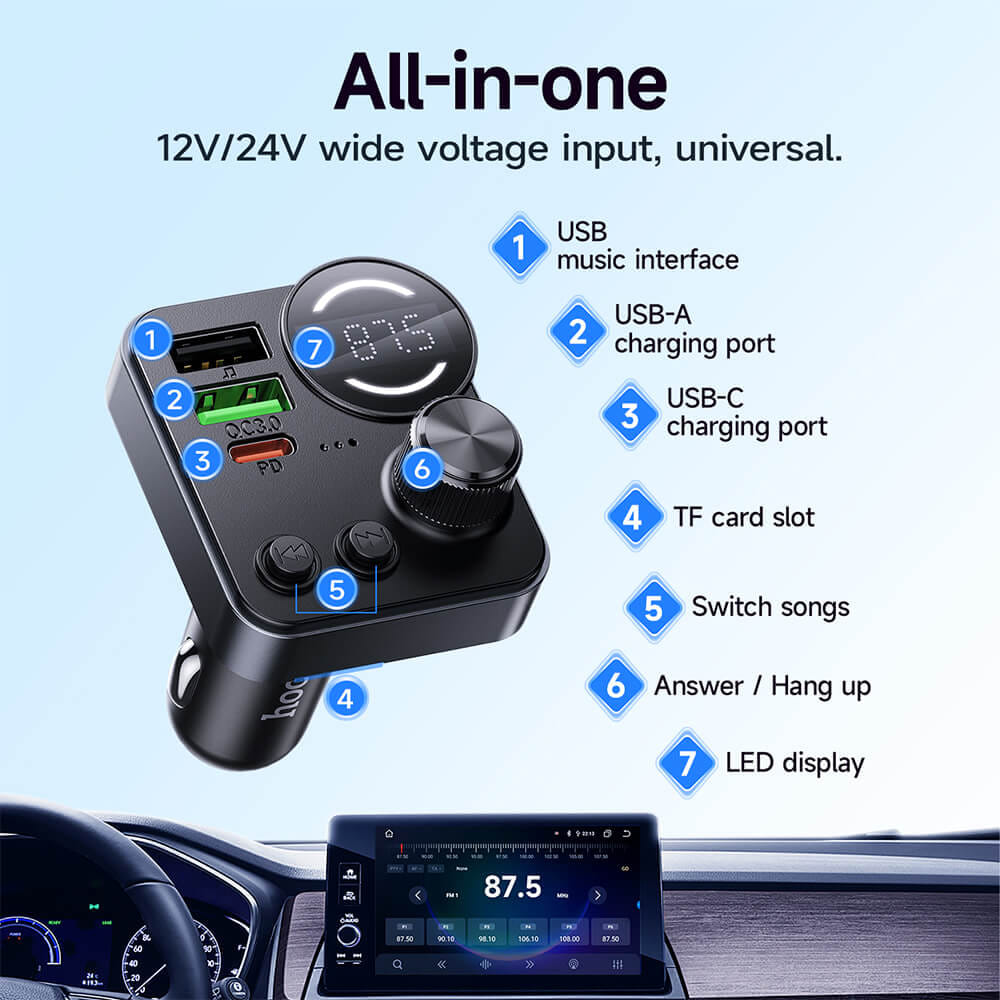 บลูทูธรถยนต์ + หัวชาร์จในรถ 2IN1 HOCO E86 ชาร์จเร็ว PD 30W + QC 3.0 รองรับแฟลชไดรฟ์ TF CARD สีดำ