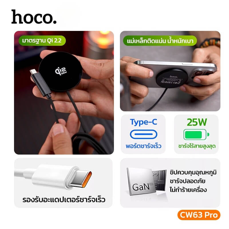 แท่นชาร์จไร้สาย QI2.2 HOCO CW63 PRO สีขาว จ่ายไฟสูงสุด 25W สำหรับสมาร์ทโฟน & หูฟังไร้สาย
