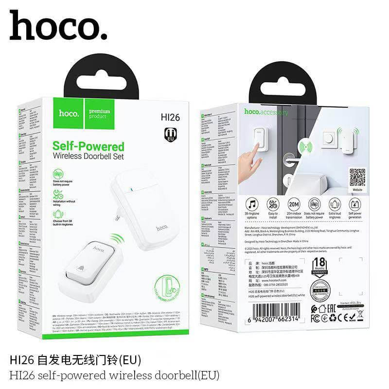 กริ่งไร้สาย HOCO HI26 ไม่ต้องใช้ถ่าน ระยะ 150 เมตร 38 ริงโทน ออดประตู กริ่งประตู สีขาว_6