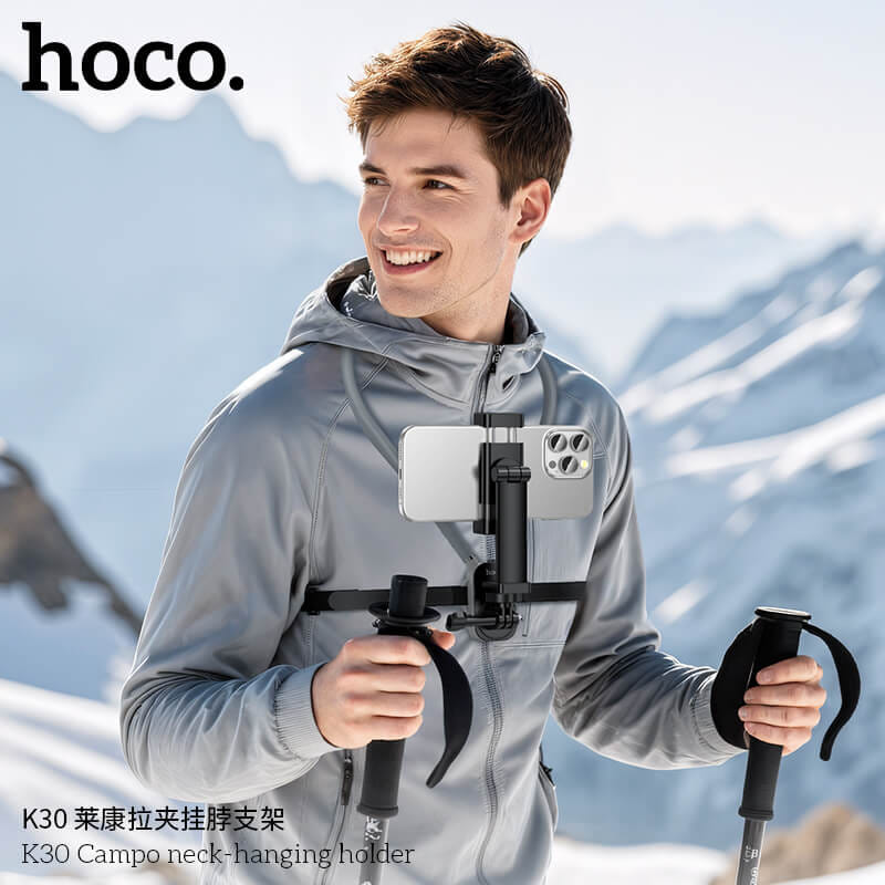 ที่จับโทรศัพท์ HOCO K30 สีดำ แบบคล้องคอ พร้อมสายรัดหน้าอก หมุนได้ 360&deg;