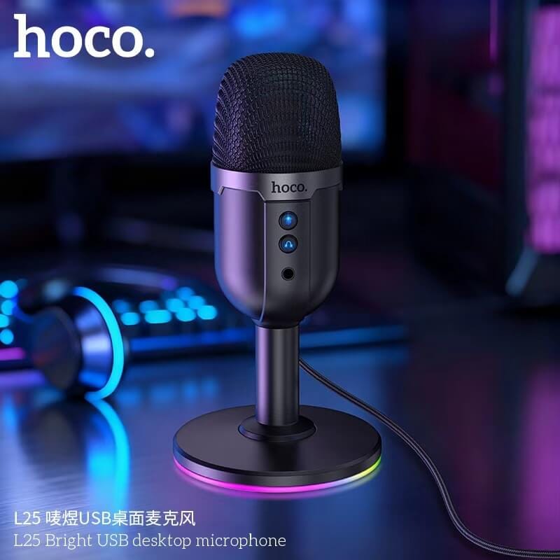 ไมโครโฟนตั้งโต๊ะ HOCO L25 จับเสียงรอบทิศ 360&deg; ต่อสาย USB-A พร้อมไฟ RGB