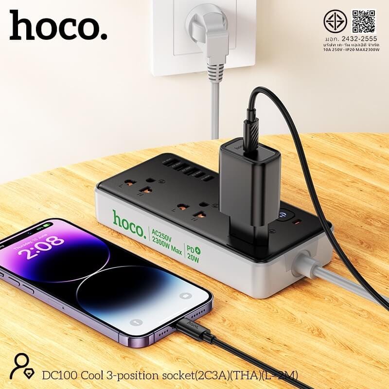 รางปลั๊กไฟ 3ช่อง 3USB 2TYPE-C 1สวิตช์ HOCO DC100 สีดำ 2300W สายยาว 2M