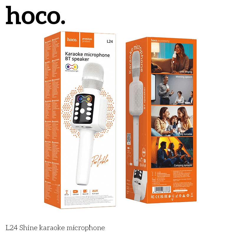 ไมโครโฟนคาราโอเกะ HOCO L24 สีขาว พร้อมลำโพงในตัว บลูทูธ 5.4, ไฟ RGB, เล่นไฟล์ผ่าน USB/TF/AUX