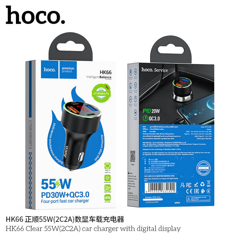 หัวชาร์จในรถยนต์ 4 พอร์ต HOCO HK66 จ่ายไฟสูงสุด 55W รองรับชาร์จเร็ว PD 30W + QC 3.0 มีจอบอกแรงดันไฟ