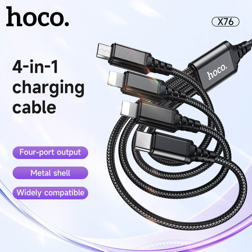 สายชาร์จ 4 หัว HOCO X76 4IN1 สำหรับ IOS (X2) + MICRO + TYPE-C ยาว 1 เมตร จ่ายไฟเต็ม 2A สีดำ_7
