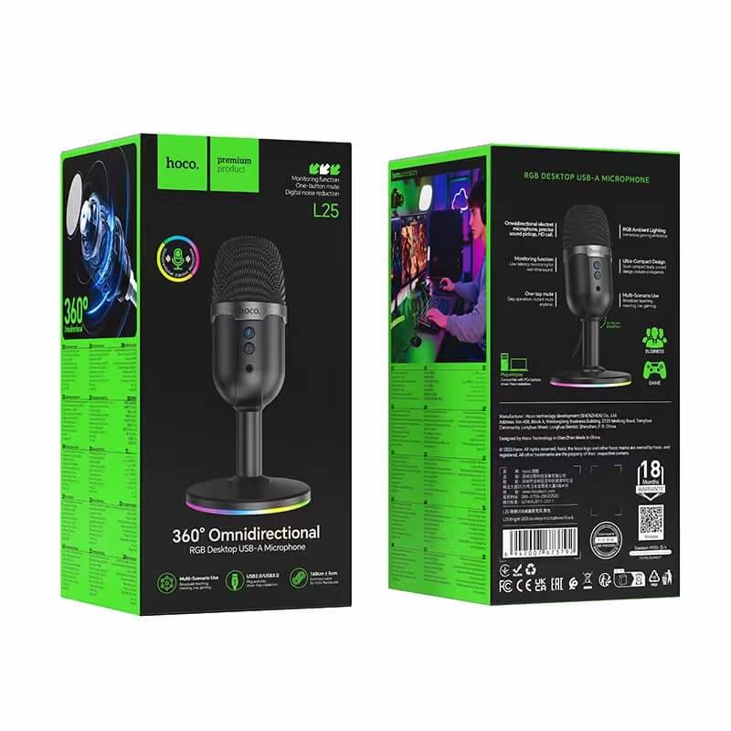 ไมโครโฟนตั้งโต๊ะ HOCO L25 จับเสียงรอบทิศ 360&deg; ต่อสาย USB-A พร้อมไฟ RGB