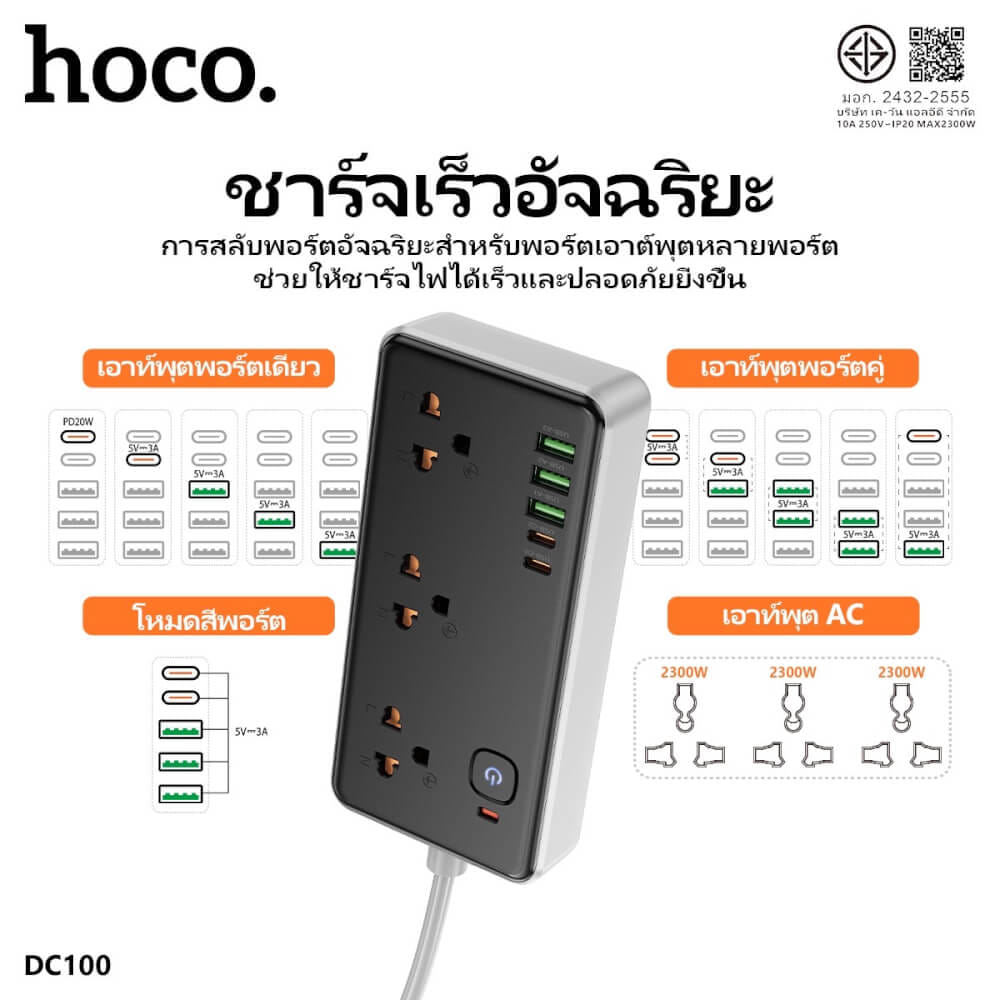 รางปลั๊กไฟ 3ช่อง 3USB 2TYPE-C 1สวิตช์ HOCO DC100 สีดำ 2300W สายยาว 2M