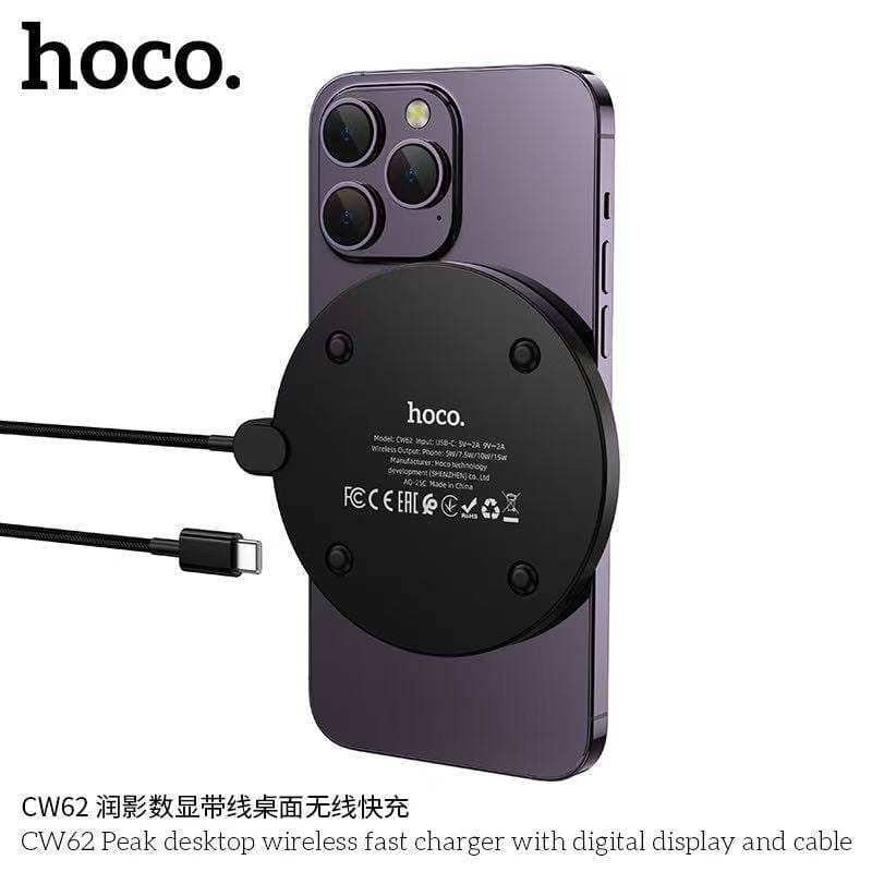 แท่นชาร์จไร้สาย 2IN1 HOCO CW62 ระบบ QI พร้อมหน้าจอ LED กำลังไฟสูงสุด 15W สำหรับสมาร์ทโฟน และ หูฟังไร้สาย สีดำ