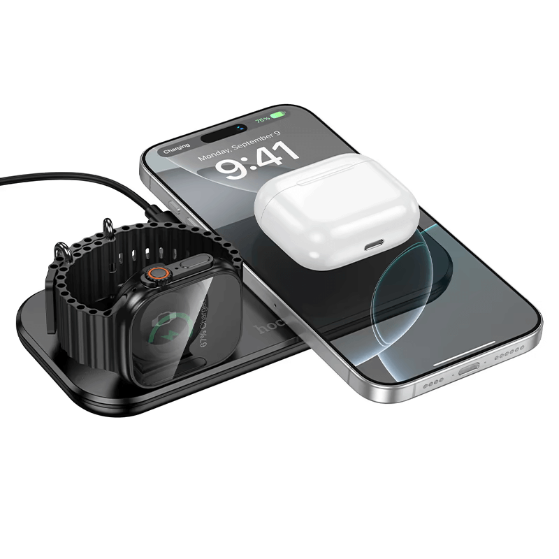 แท่นชาร์จไร้สาย 3-IN-1 HOCO CW65 สีดำ ระบบชาร์จ QI สำหรับโทรศัพท์ APPLE WATCH และ AIRPODS