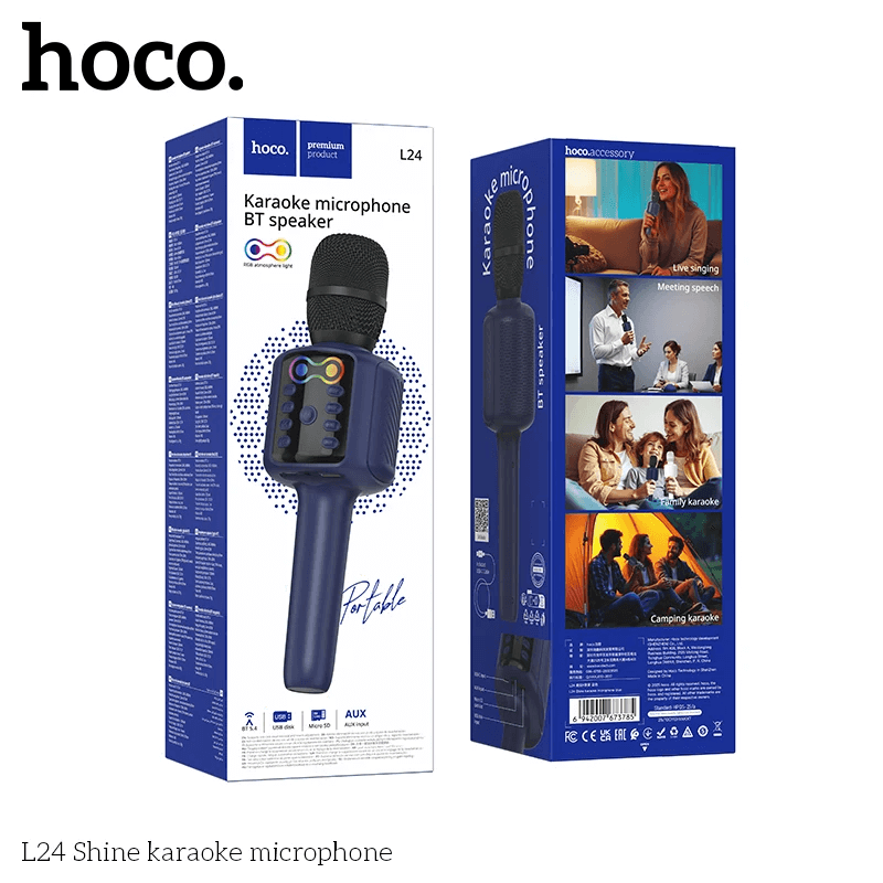 ไมโครโฟนคาราโอเกะ HOCO L24 สีน้ำเงิน พร้อมลำโพงในตัว บลูทูธ 5.4, ไฟ RGB, เล่นไฟล์ผ่าน USB/TF/AUX