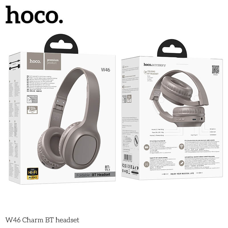 หูฟังไร้สาย HOCO W46 AUX 3.5MM แบตเตอรี่ 20 ชม. BT 5.3 ไมค์ในตัว สีน้ำตาล
