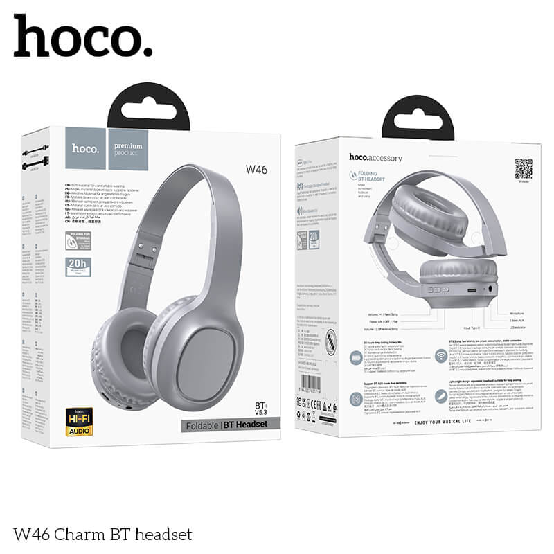 หูฟังไร้สาย HOCO W46 สีเทาสว่าง AUX 3.5MM แบตเตอรี่ 20 ชม. BT 5.3 ไมค์ในตัว