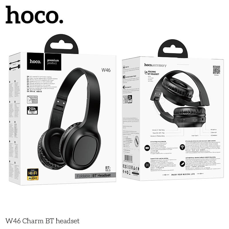 หูฟังไร้สาย HOCO W46 สีดำ AUX 3.5MM แบตเตอรี่ 20 ชม. BT 5.3 ไมค์ในตัว