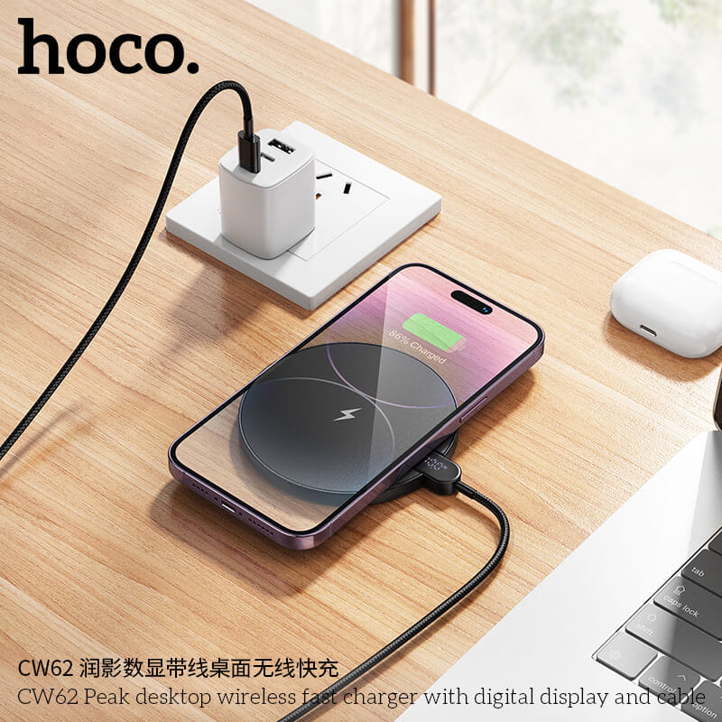 แท่นชาร์จไร้สาย 2IN1 HOCO CW62 ระบบ QI พร้อมหน้าจอ LED กำลังไฟสูงสุด 15W สำหรับสมาร์ทโฟน และ หูฟังไร้สาย สีดำ_8