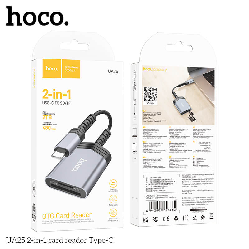 การ์ดรีดเดอร์ TYPE-C 2IN1 HOCO UA25 ความเร็วสูง 480MBPS รับไฟล์สูงสุด 2TB รองรับ OTG_8