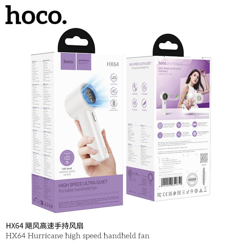 พัดลมพกพา HOCO HX64 แรงลมเทอร์โบ ปรับได้ 100 ระดับ หน้าจอดิจิทัล แบตเตอรี่ 3600MAH ใช้งานสูงสุด 7 ชั่วโมง