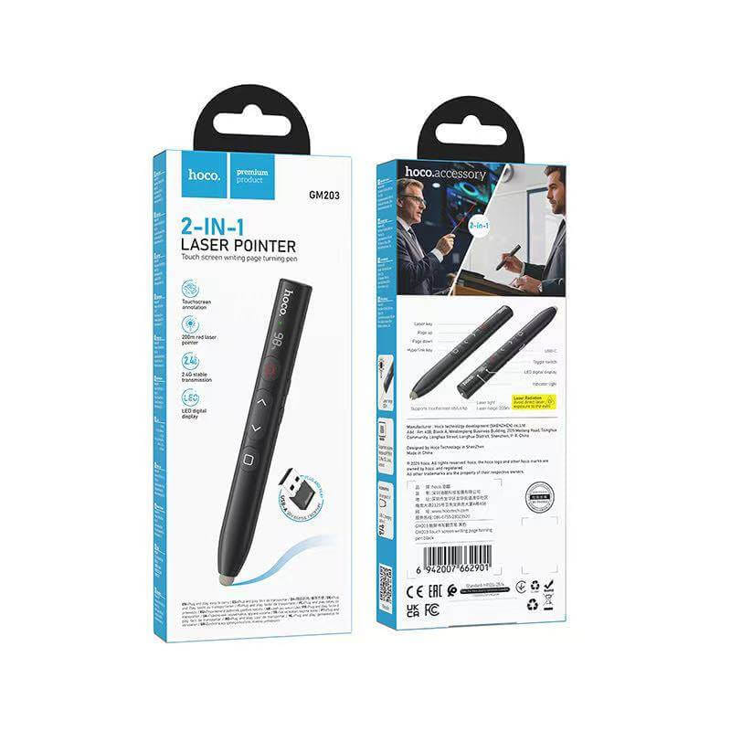 เลเซอร์พอยเตอร์ 2-IN-1 HOCO GM203 พร้อมรีโมทควบคุมการนำเสนอ & ปากกาสไตลัส หน้าจอ LED ระบบส่งสัญญาณ 2.4G