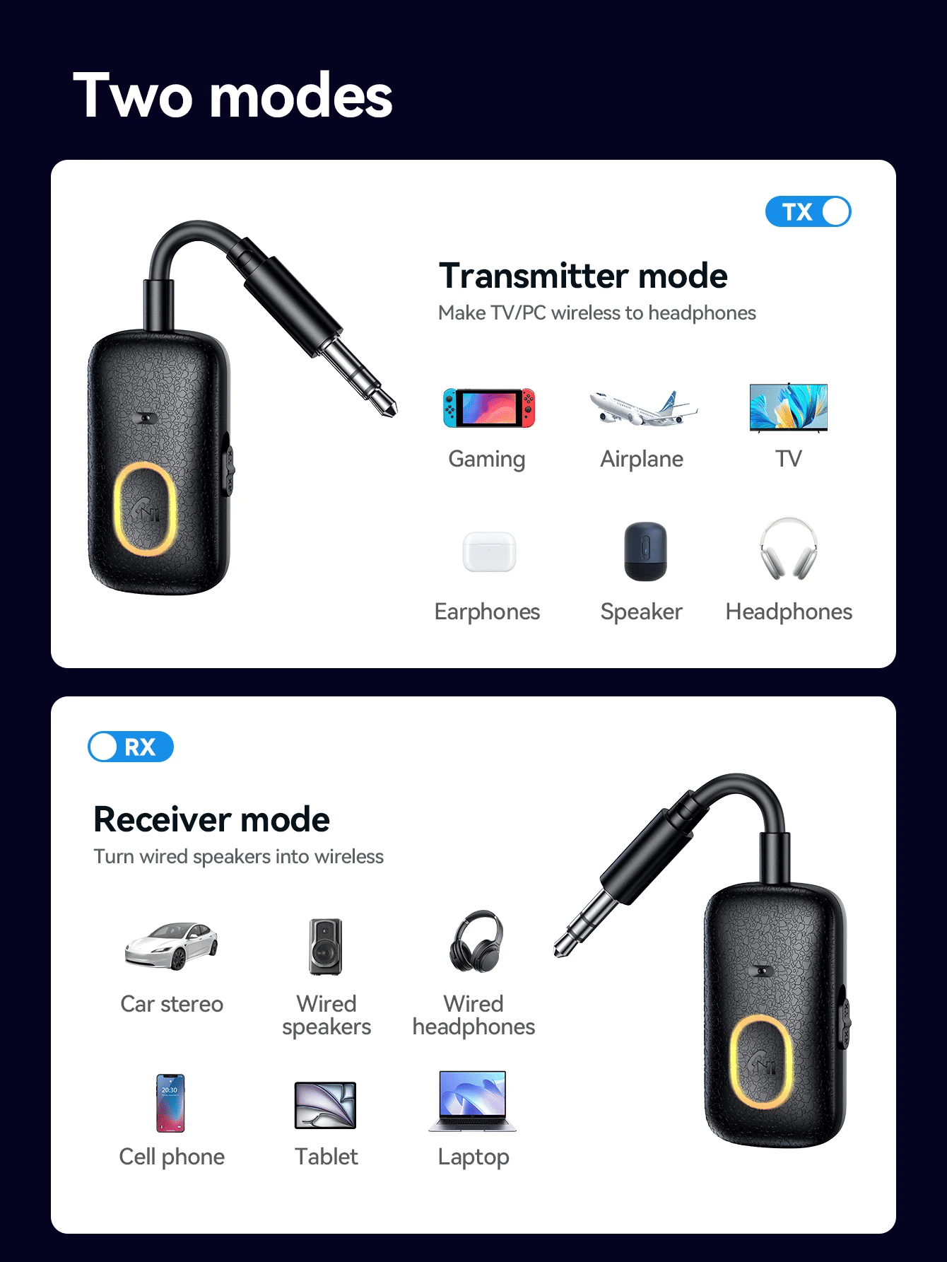 อะแดปเตอร์บลูทูธ AUX 2IN1 HOCO E151 รองรับ 2 โหมด รับสัญญาณบลูทูธ & ส่งสัญญาณบลูทูธ ไมโครโฟนในตัว