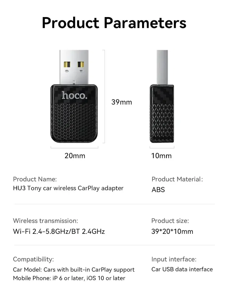 อะแดปเตอร์ WIRELESS CARPLAY HOCO HU3 แปลง CARPLAY แบบมีสายให้เป็นไร้สาย สำหรับ IPHONE สีดำ