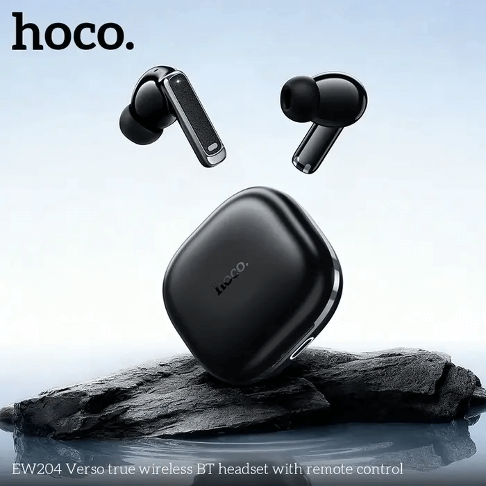 หูฟังไร้สาย HOCO EW204 พร้อมเคสรีโมทคอนโทรล ควบคุมสมาร์ทโฟน การชมวิดีโอ การฟังเพลง การถ่ายรูป สีดำ