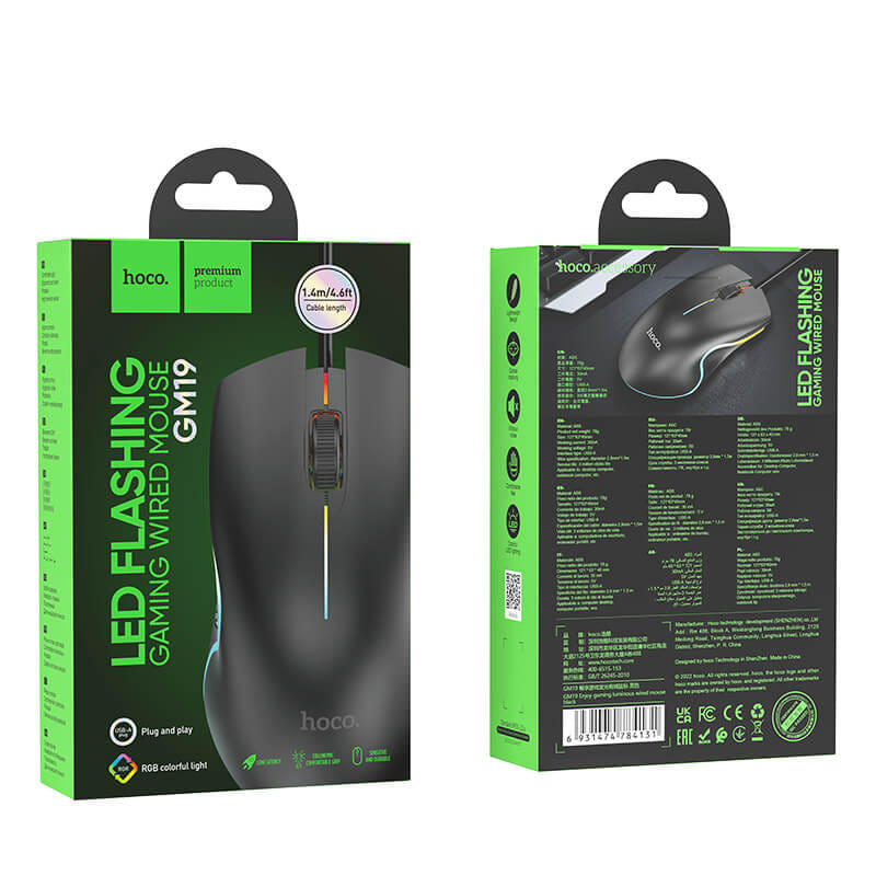 เมาส์เกมมิ่ง HOCO GM19 แต่งไฟ RGB LUMINOUS สาย USB ยาว 1.4 เมตร DPI 1000