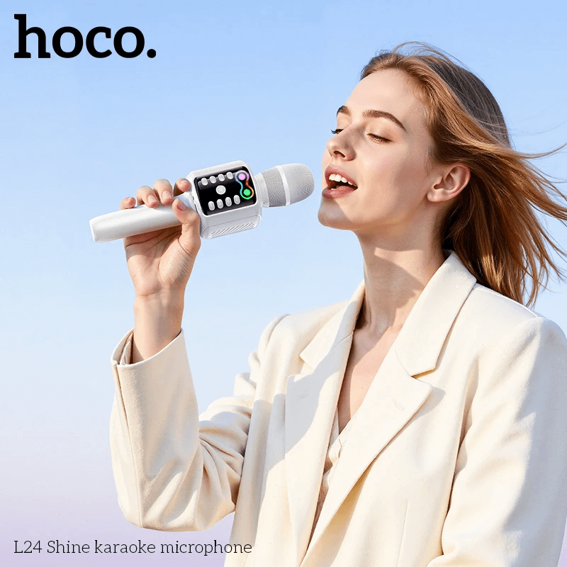 ไมโครโฟนคาราโอเกะ HOCO L24 สีน้ำเงิน พร้อมลำโพงในตัว บลูทูธ 5.4, ไฟ RGB, เล่นไฟล์ผ่าน USB/TF/AUX