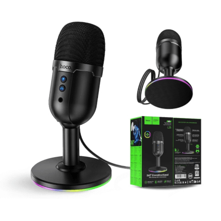 ไมโครโฟนตั้งโต๊ะ HOCO L25 จับเสียงรอบทิศ 360° ต่อสาย USB-A พร้อมไฟ RGB_0