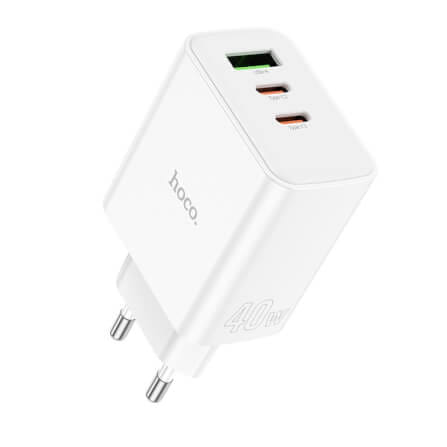 หัวชาร์จเร็ว 3 พอร์ต HOCO DC98T PD 40W + QC 3.0 (TYPE-C X2 + USBX1) สีขาว_0