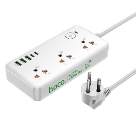รางปลั๊กไฟ 8IN1 HOCO DC100 3 ช่อง 2 USB 3 TYPE-C 1 สวิตช์ 2300W สายยาว 2M สีขาว_0