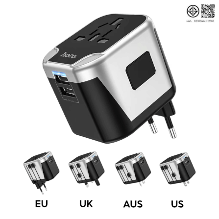 ปลั๊กแปลง 3 IN 1 UNIVERSAL HOCO AC5 2USB + 1AC รองรับโซน EU/UK/US/AUS_0