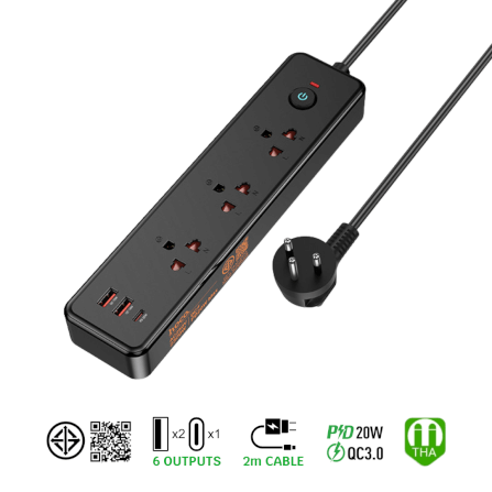 รางปลั๊กไฟ 3 ช่อง 2 USB 1 TYPE-C 1 สวิตช์ HOCO DC133 สีดำ 2300W สายยาว 2M_0
