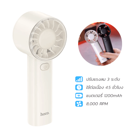 พัดลมพกพา HOCO HX600 สีขาว ปรับแรงลม 3 ระดับ แบตเตอรี่ 1200MAH ใช้งานสูงสุด 4.5 ชม._0