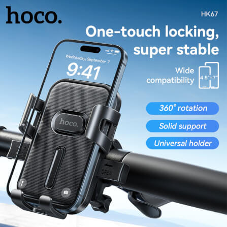 ที่ยึดมือถือมอเตอร์ไซค์ HOCO HK67 รองรับแฮนด์ 15-24 มม. สำหรับมือถือ 4.5-7 นิ้ว หมุนได้ 360 องศา สีดำ_1