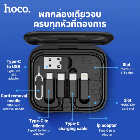 ชุดสายชาร์จเร็ว 6IN1 HOCO U114 สีดำ พร้อมกล่องเก็บ TYPE-C TO TYPE-C จ่ายไฟ 60W พร้อมหัวแปลง_1