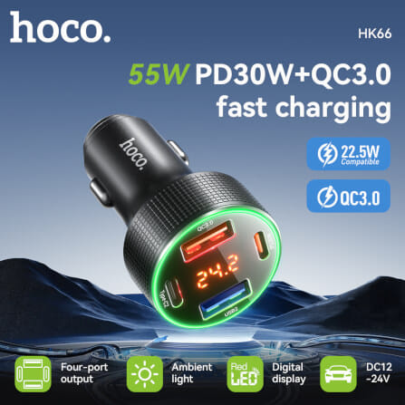 หัวชาร์จในรถยนต์ 4 พอร์ต HOCO HK66 จ่ายไฟสูงสุด 55W รองรับชาร์จเร็ว PD 30W + QC 3.0 มีจอบอกแรงดันไฟ_1