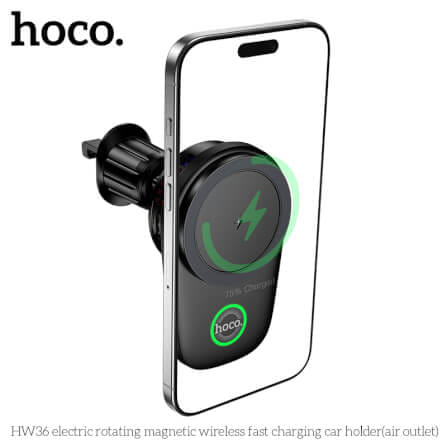 แท่นชาร์จไร้สาย 2-IN-1 HOCO HW36 พร้อมพัดลมระบายความร้อน รุ่นติดช่องแอร์ หมุนอัตโนมัติ จ่ายไฟ 15W_1