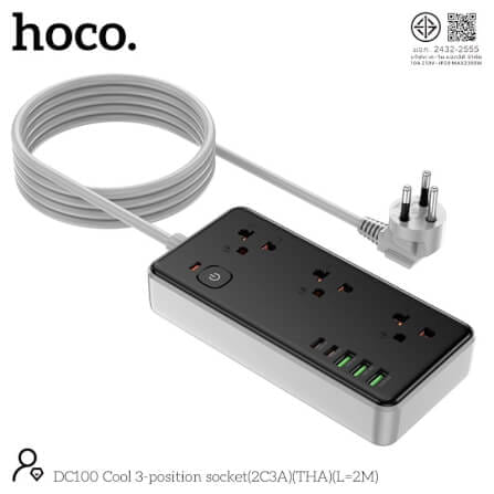 รางปลั๊กไฟ 3ช่อง 3USB 2TYPE-C 1สวิตช์ HOCO DC100 สีดำ 2300W สายยาว 2M_1