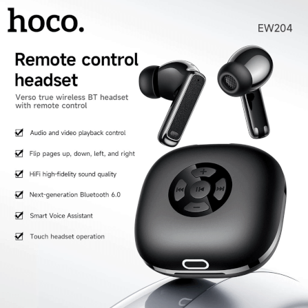 หูฟังไร้สาย HOCO EW204 พร้อมเคสรีโมทคอนโทรล ควบคุมสมาร์ทโฟน การชมวิดีโอ การฟังเพลง การถ่ายรูป สีดำ_1
