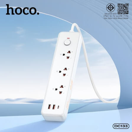 รางปลั๊กไฟ 3 ช่อง 2 USB 1 TYPE-C 1 สวิตช์ HOCO DC133 สีขาว 2300W สายยาว 2M_1