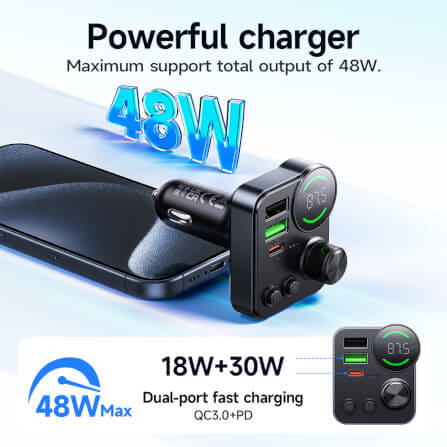 บลูทูธรถยนต์ + หัวชาร์จในรถ 2IN1 HOCO E86 ชาร์จเร็ว PD 30W + QC 3.0 รองรับแฟลชไดรฟ์ TF CARD สีดำ_2