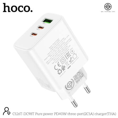 หัวชาร์จเร็ว 3 พอร์ต HOCO DC98T PD 40W + QC 3.0 (TYPE-C X2 + USBX1) สีขาว_3