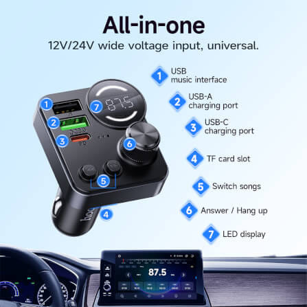 บลูทูธรถยนต์ + หัวชาร์จในรถ 2IN1 HOCO E86 ชาร์จเร็ว PD 30W + QC 3.0 รองรับแฟลชไดรฟ์ TF CARD สีดำ_5