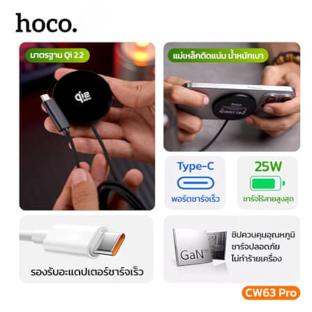 แท่นชาร์จไร้สาย QI2.2 HOCO CW63 PRO สีขาว จ่ายไฟสูงสุด 25W สำหรับสมาร์ทโฟน & หูฟังไร้สาย_5