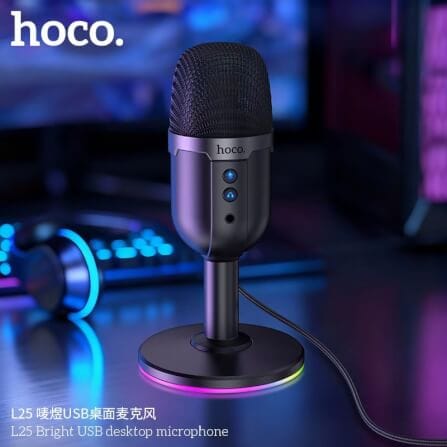 ไมโครโฟนตั้งโต๊ะ HOCO L25 จับเสียงรอบทิศ 360° ต่อสาย USB-A พร้อมไฟ RGB_6