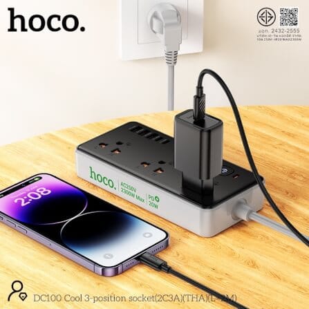 รางปลั๊กไฟ 3ช่อง 3USB 2TYPE-C 1สวิตช์ HOCO DC100 สีดำ 2300W สายยาว 2M_6
