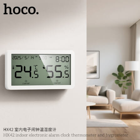 นาฬิกาดิจิตอล 5-IN-1 HOCO HX42 จอแสดงผล LCD วัดอุณหภูมิ วัดความชื้น ตั้งปฏิทิน ตั้งปลุก_6