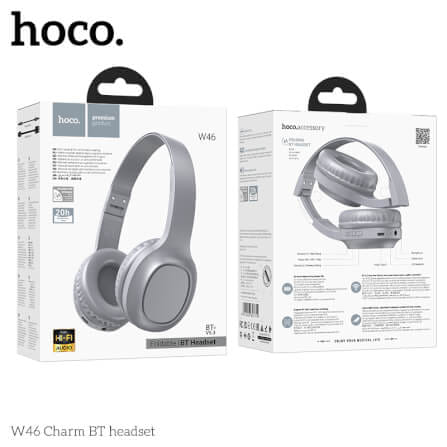หูฟังไร้สาย HOCO W46 สีเทาสว่าง AUX 3.5MM แบตเตอรี่ 20 ชม. BT 5.3 ไมค์ในตัว_8