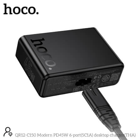 หัวชาร์จเร็ว 6IN1 HOCO C150 พอร์ต TYPE-C 5 ช่อง + USB 1 ช่อง แบบตั้งโต๊ะ_8