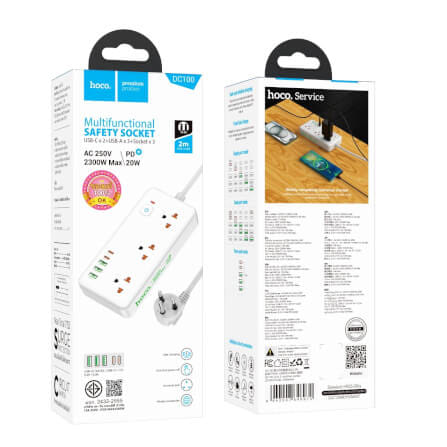 รางปลั๊กไฟ 8IN1 HOCO DC100 3 ช่อง 2 USB 3 TYPE-C 1 สวิตช์ 2300W สายยาว 2M สีขาว_9