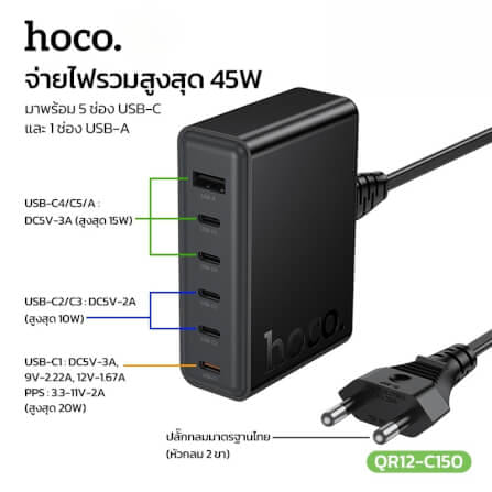หัวชาร์จเร็ว 6IN1 HOCO C150 พอร์ต TYPE-C 5 ช่อง + USB 1 ช่อง แบบตั้งโต๊ะ_13